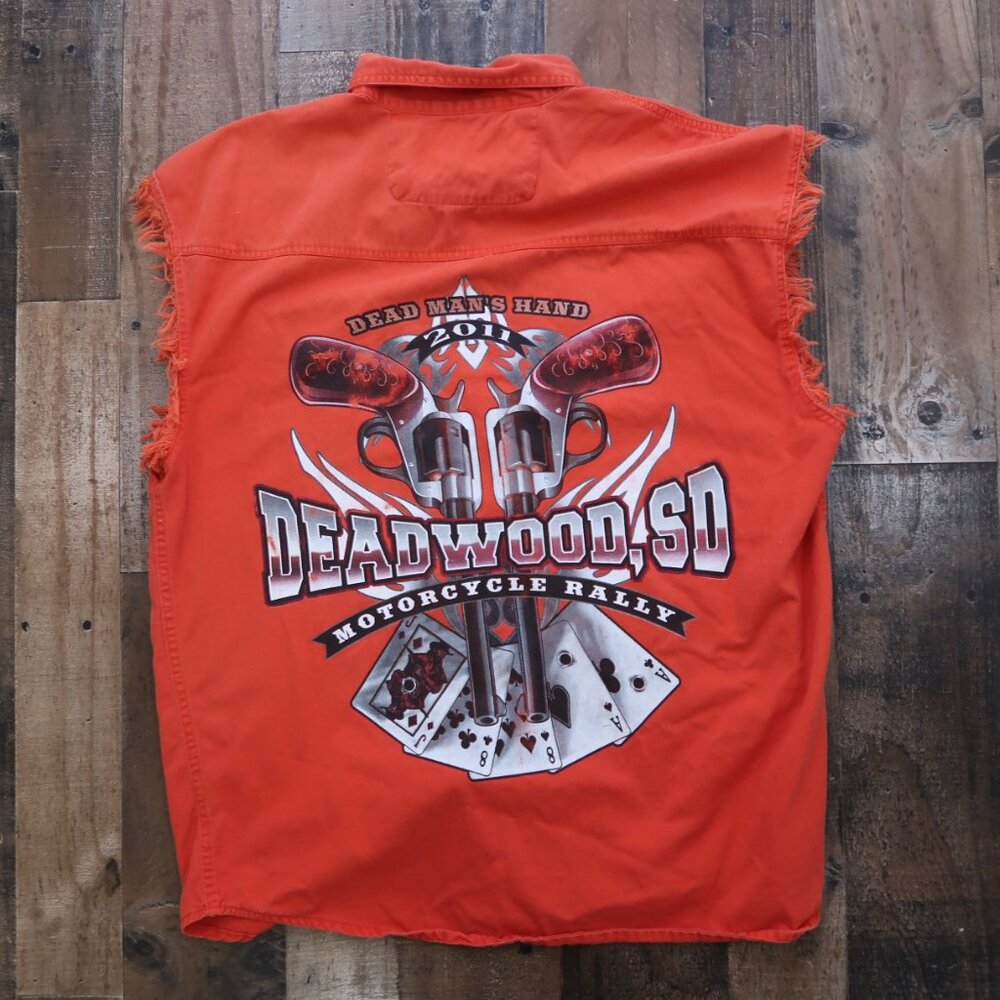 2011 Deadwood SD Motorcycle Rally Mens Large Orange Sleeveless Button Up Shirt